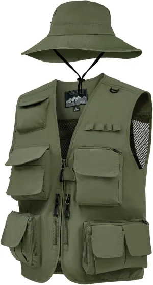 Shihanee 2 Pcs Fishing Vest and Hat for Men Multi Pocket Safari Vest Jacket for Outdoor Work Summer Travel Cargo Hunting