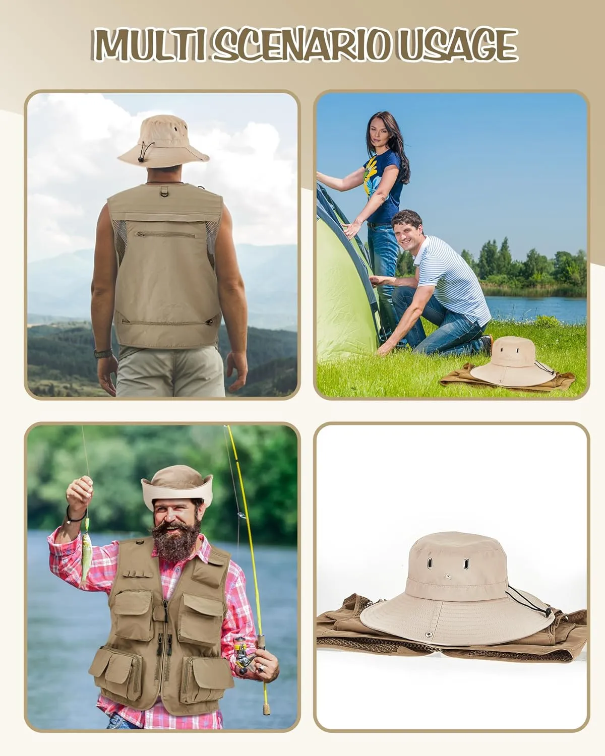 Shihanee 2 Pcs Fishing Vest and Hat for Men Multi Pocket Safari Vest Jacket for Outdoor Work Summer Travel Cargo Hunting