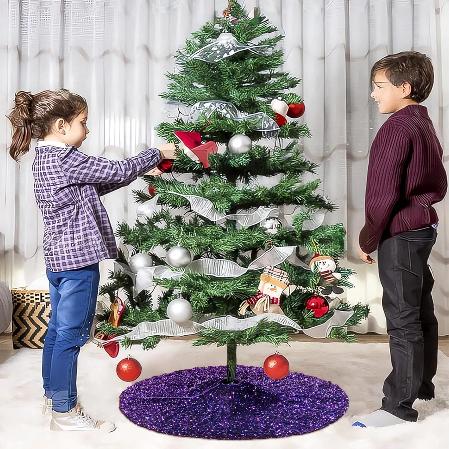 ShinyBeauty Purple Christmas Tree Skirt 48 Inch for Halloween Decorations - Small Velvet Xmas Skirt Royal Purple Mini Shimmer Tree Cover for Holiday/Indoor