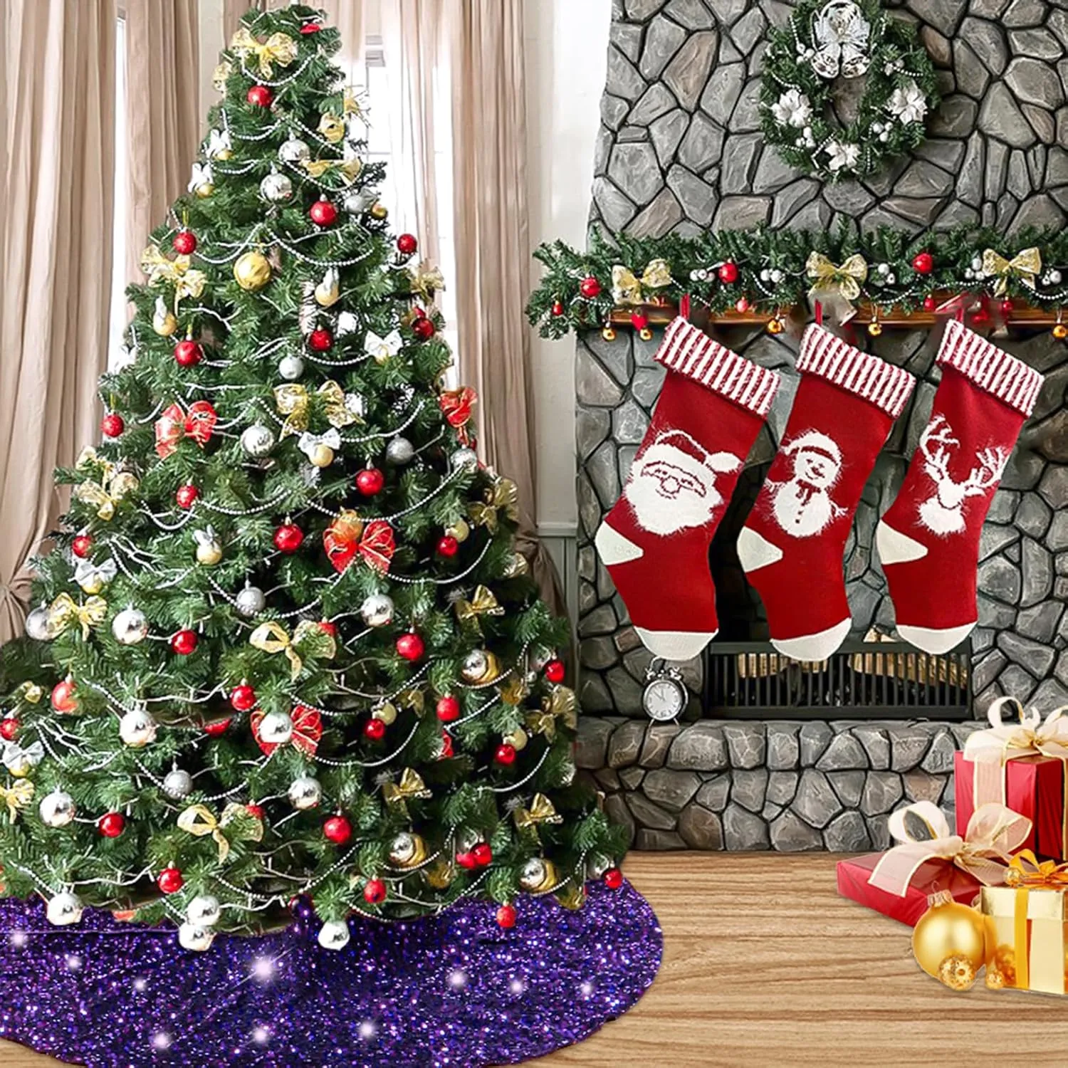 ShinyBeauty Purple Christmas Tree Skirt 48 Inch for Halloween Decorations - Small Velvet Xmas Skirt Royal Purple Mini Shimmer Tree Cover for Holiday/Indoor