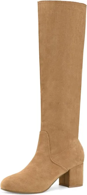 Shoe'N Tale Knee High Boots for Women Block Chunky Heel Boots with Side Zipper