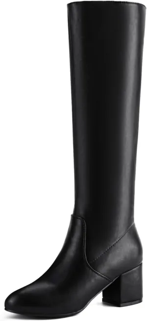 Shoe'N Tale Knee High Boots for Women Block Chunky Heel Boots with Side Zipper