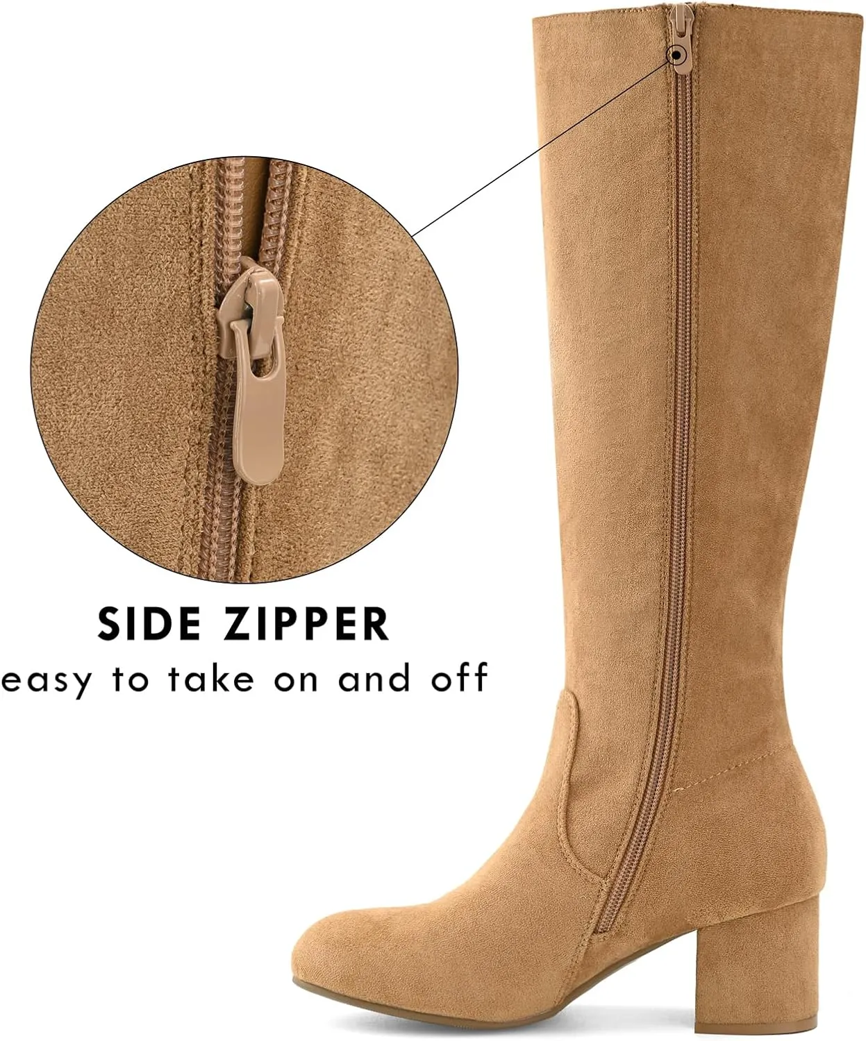 Shoe'N Tale Knee High Boots for Women Block Chunky Heel Boots with Side Zipper