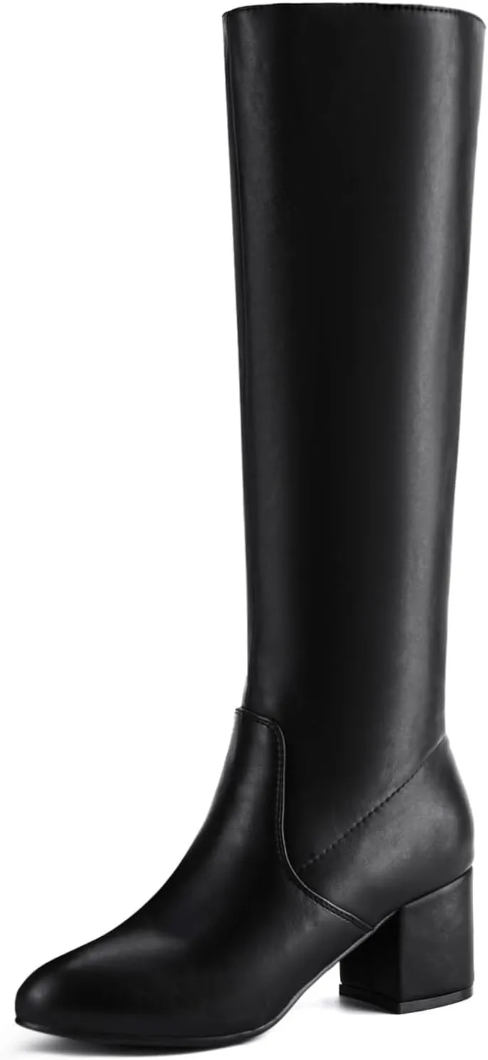 Shoe'N Tale Knee High Boots for Women Block Chunky Heel Boots with Side Zipper