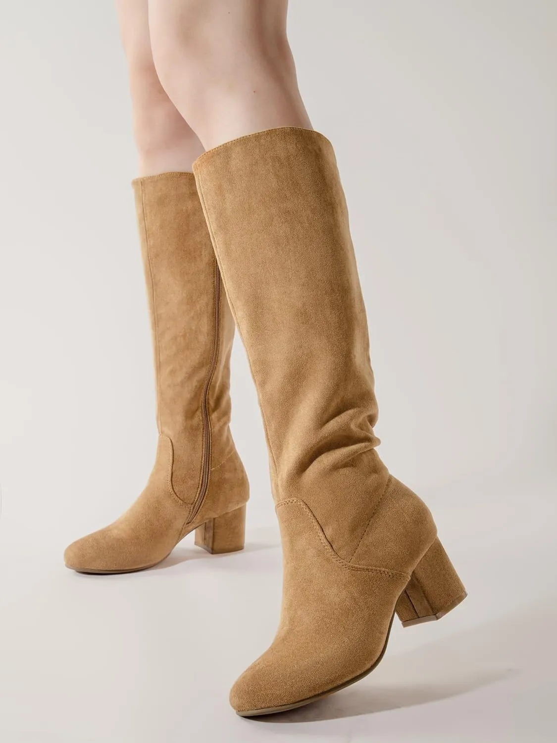 Shoe'N Tale Knee High Boots for Women Block Chunky Heel Boots with Side Zipper