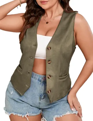 ShopWonder Womens Plus Size Button Vintage Vests Jacket V-Neck Faux Suede Cardigan Outerwear With Pockets