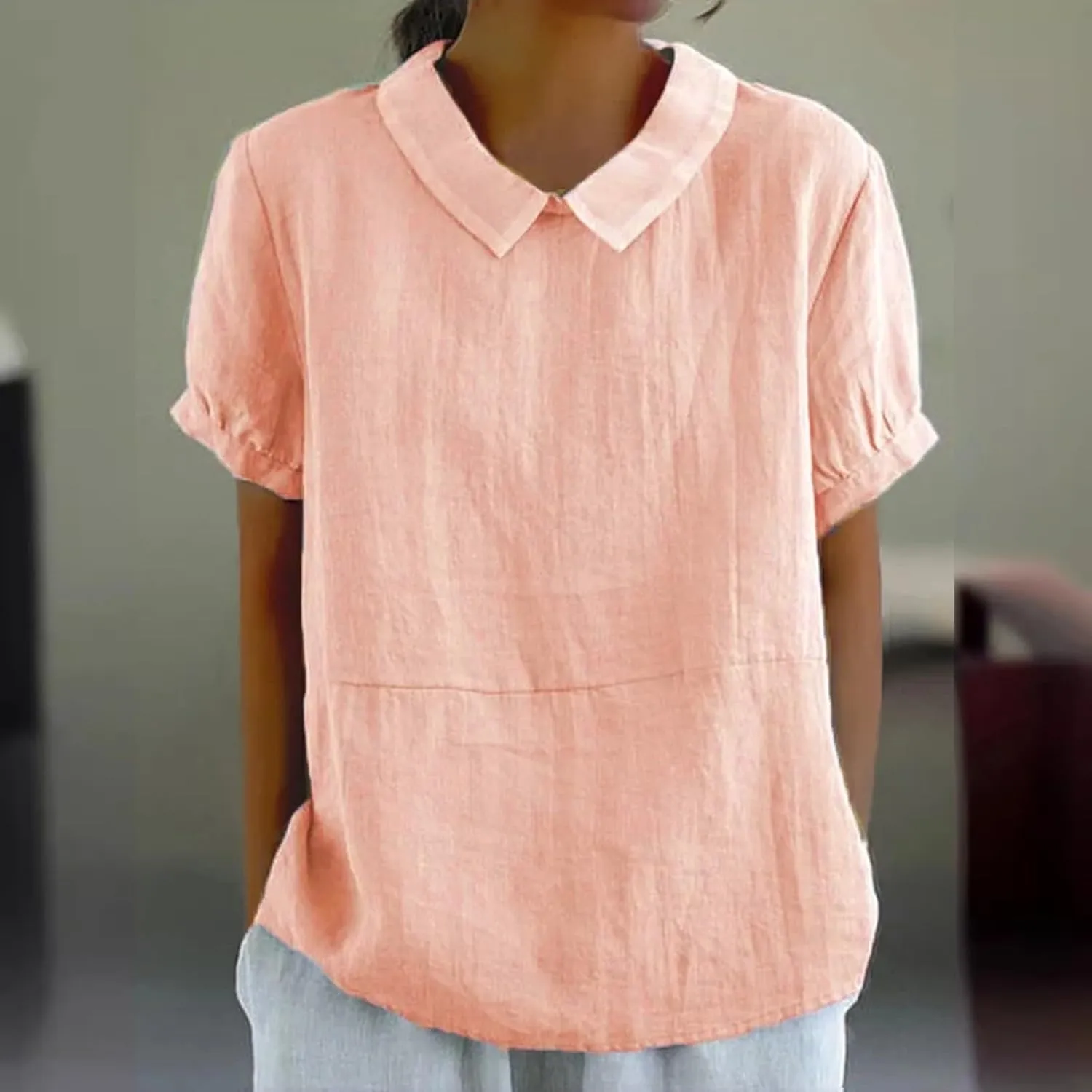 Short Sleeve Linen Shirts for Women Eyelet Summer Tops Casual Loose Blouses Gauze T-Shirts Collar Neck Basic Tee