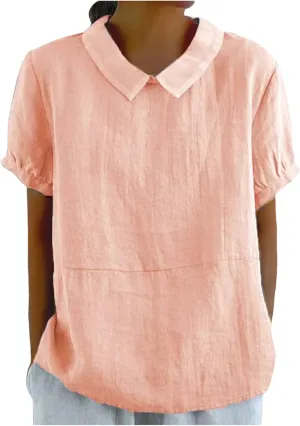 Short Sleeve Linen Shirts for Women Eyelet Summer Tops Casual Loose Blouses Gauze T-Shirts Collar Neck Basic Tee