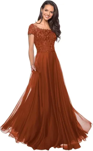 Short Sleeves Mother of The Bride Dresses for Wedding Guests Laces Appliques Chiffon Formal Evening Party Gowns
