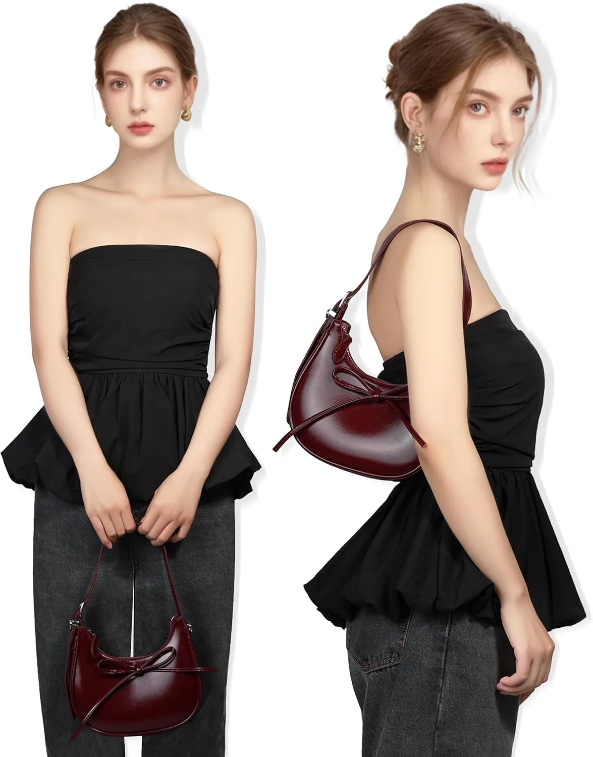 Shoulder Bag for Women - Bow Clutch Purse PU Leather, Removable Chain Crossbody Handbag with Zipper Closure