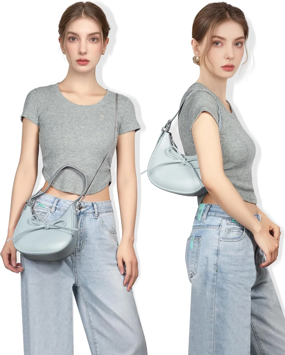 Shoulder Bag for Women - Bow Clutch Purse PU Leather, Removable Chain Crossbody Handbag with Zipper Closure