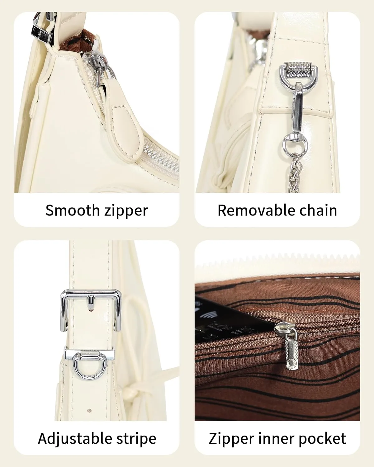 Shoulder Bag for Women - Bow Clutch Purse PU Leather, Removable Chain Crossbody Handbag with Zipper Closure