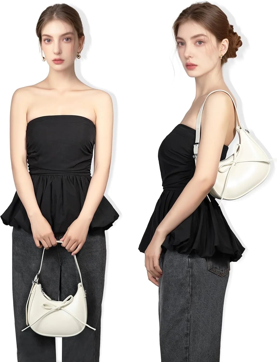 Shoulder Bag for Women - Bow Clutch Purse PU Leather, Removable Chain Crossbody Handbag with Zipper Closure