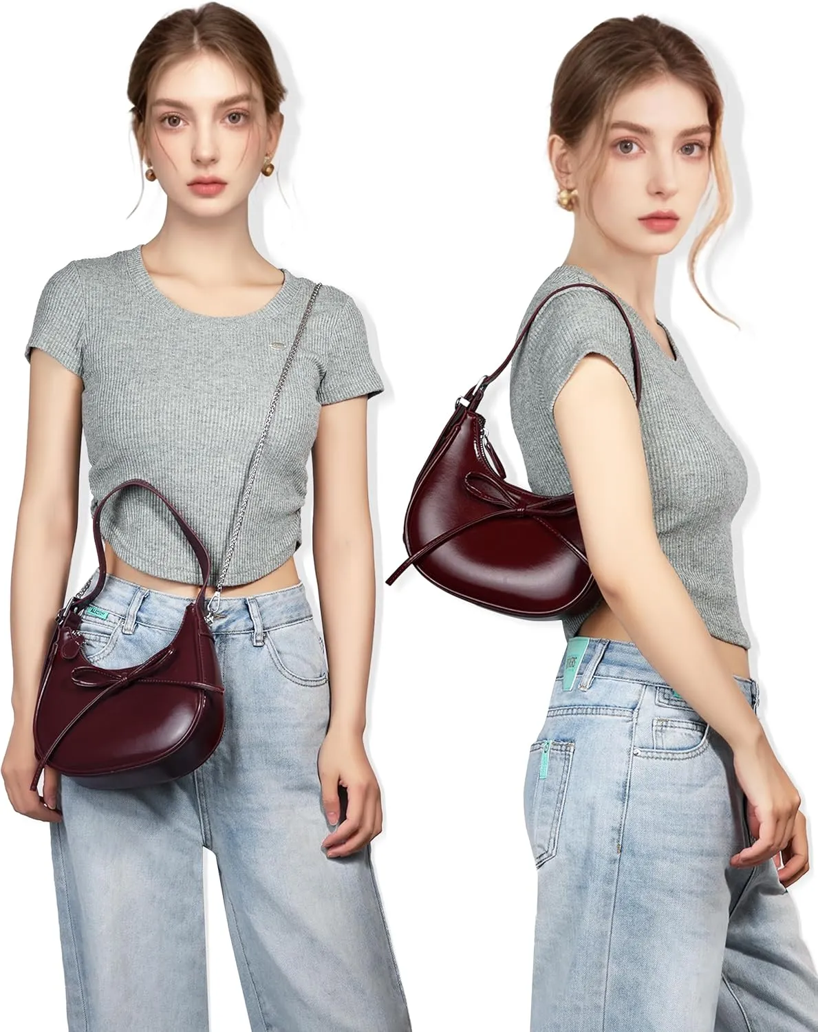 Shoulder Bag for Women - Bow Clutch Purse PU Leather, Removable Chain Crossbody Handbag with Zipper Closure