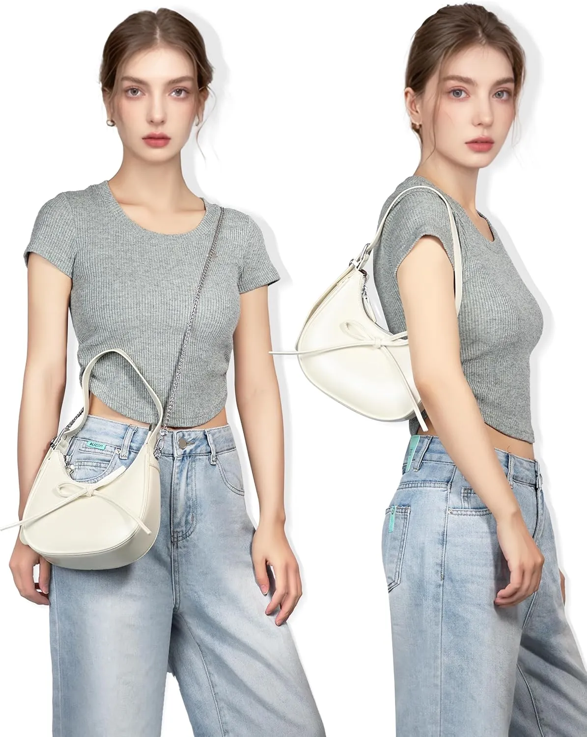 Shoulder Bag for Women - Bow Clutch Purse PU Leather, Removable Chain Crossbody Handbag with Zipper Closure