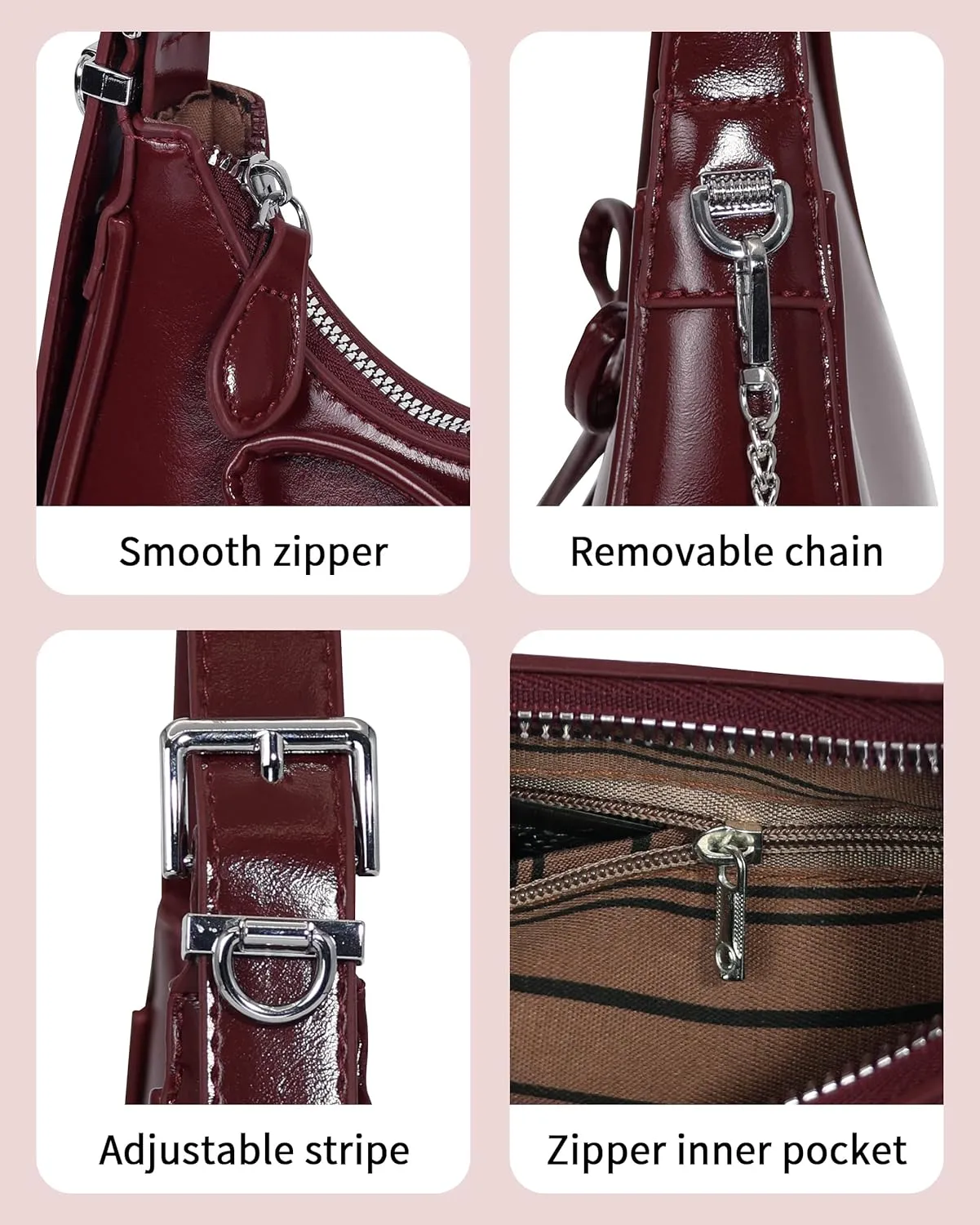 Shoulder Bag for Women - Bow Clutch Purse PU Leather, Removable Chain Crossbody Handbag with Zipper Closure