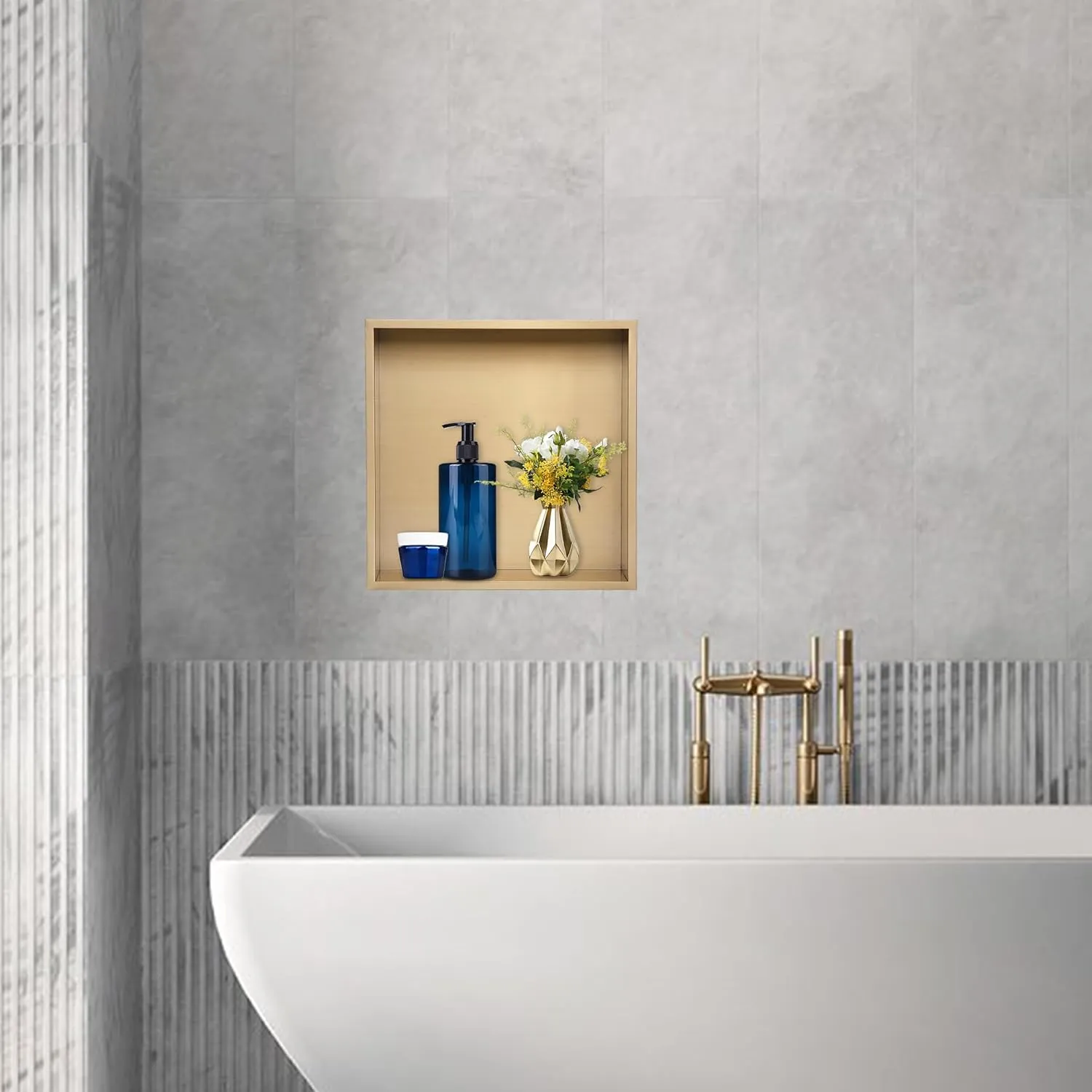 Shower Niche Insert Tile Ready, 12" Shower Niche No Tile Needed, Golden Niche for Shower Wall Bathroom Kitchen Living Room Storage, Brushed Golden Shower Niche Durable and Rust-Proof
