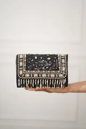 Shyamli Stone and Sequin Flap Clutch with Tassels