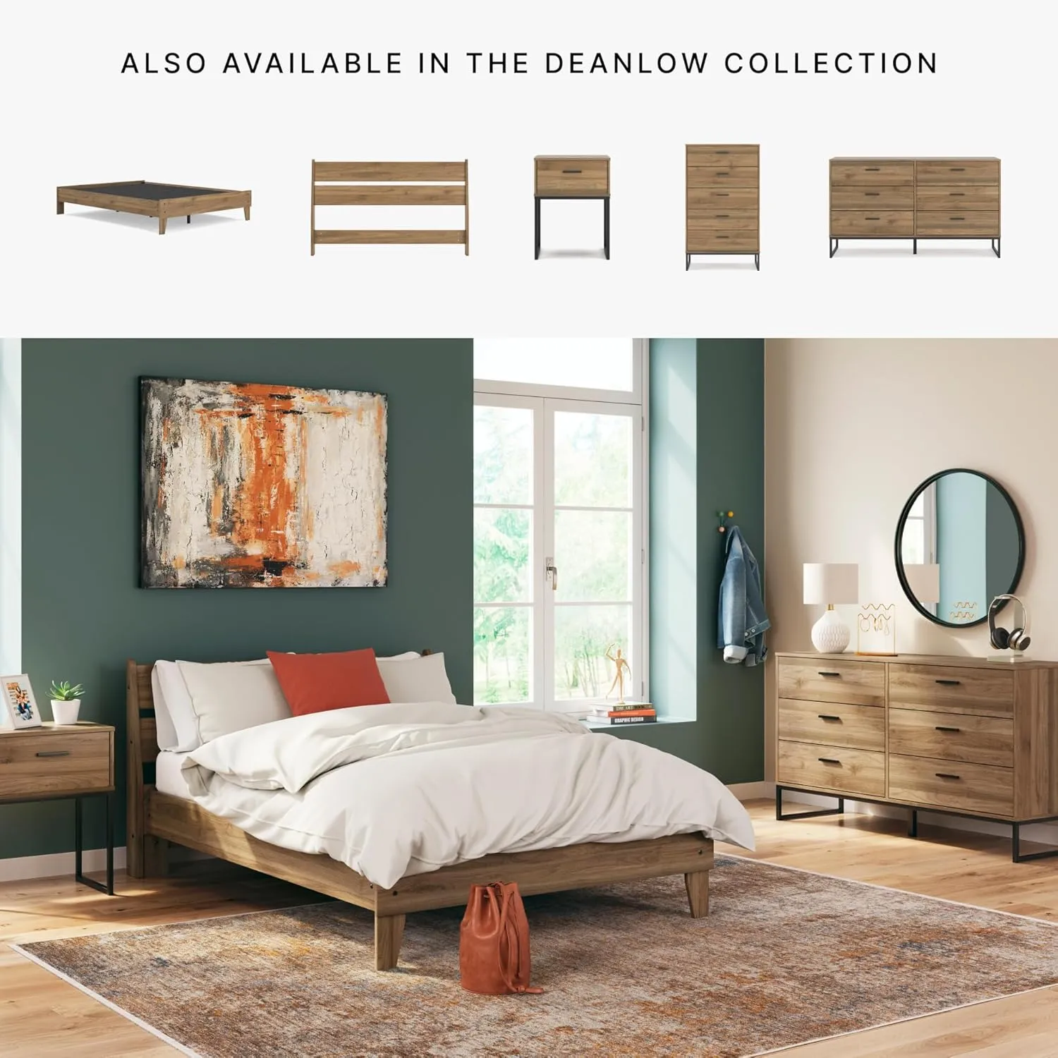 Signature Design by Ashley Deanlow Mid-Century Modern 6 Drawer Dresser with Safety Stop for Bedroom, Light Brown & Black