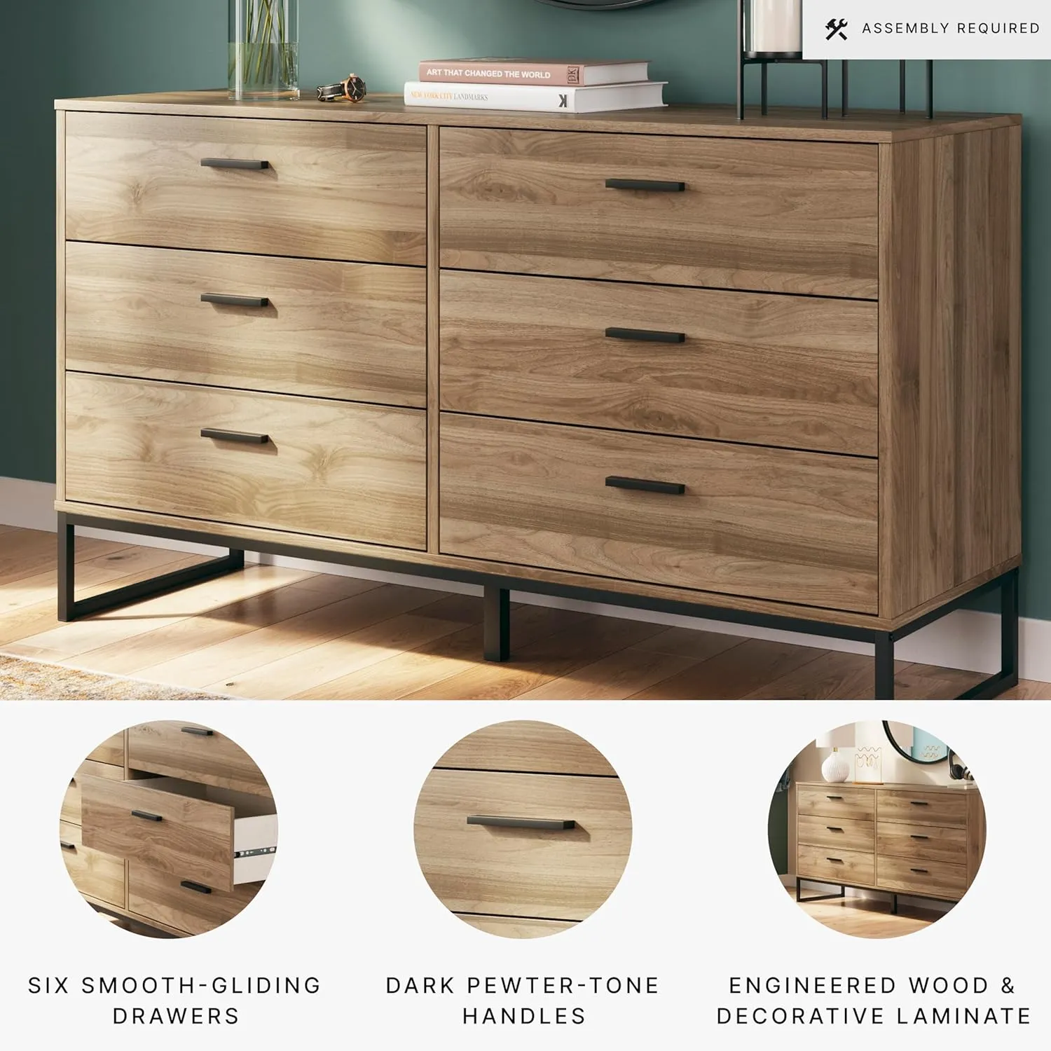 Signature Design by Ashley Deanlow Mid-Century Modern 6 Drawer Dresser with Safety Stop for Bedroom, Light Brown & Black