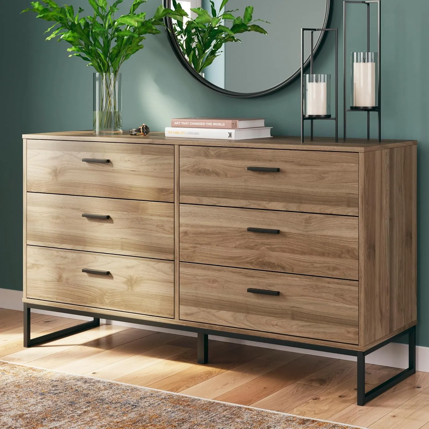 Signature Design by Ashley Deanlow Mid-Century Modern 6 Drawer Dresser with Safety Stop for Bedroom, Light Brown & Black
