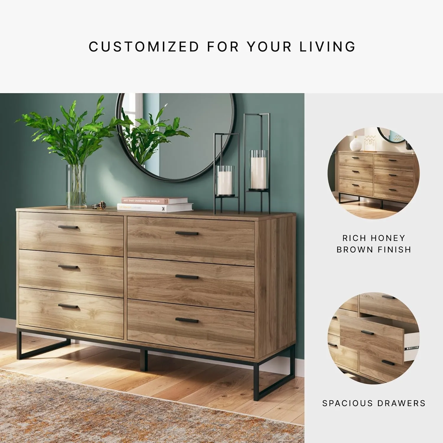 Signature Design by Ashley Deanlow Mid-Century Modern 6 Drawer Dresser with Safety Stop for Bedroom, Light Brown & Black