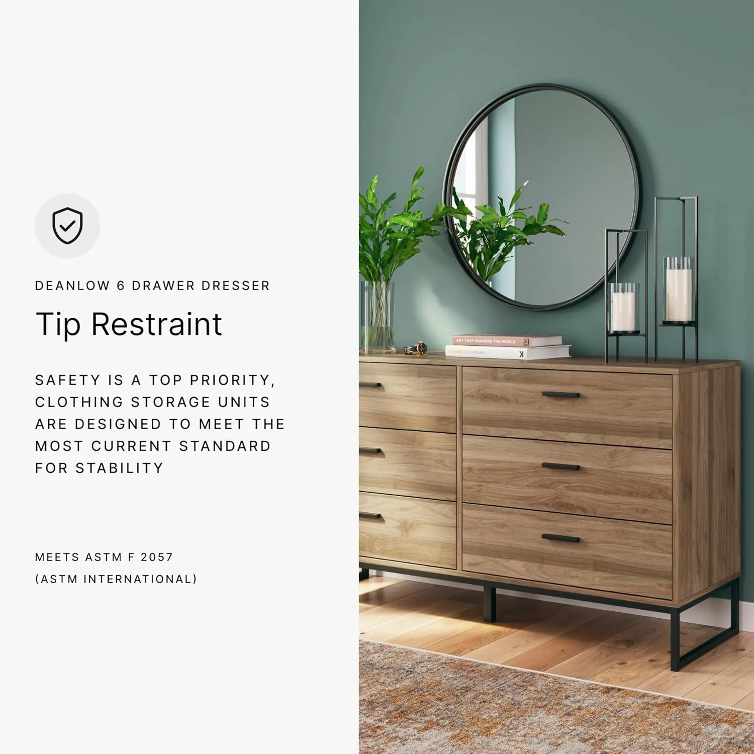 Signature Design by Ashley Deanlow Mid-Century Modern 6 Drawer Dresser with Safety Stop for Bedroom, Light Brown & Black