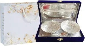 Silver Brass Two Bowl with Two Spoon and with Single Tray with Beautiful Velvet Box Packing with Carry Bag Uses for Dry Fruit | Chocolate | Sweet | HomeDecor