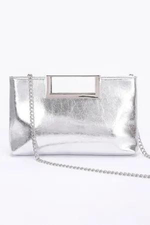 Silver Metallic Leather Metal Handle Clutch
