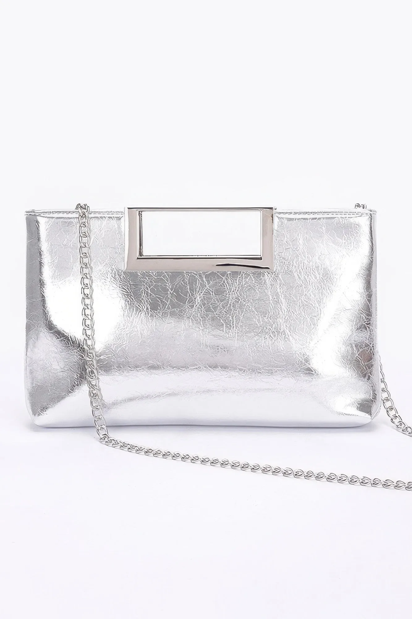 Silver Metallic Leather Metal Handle Clutch