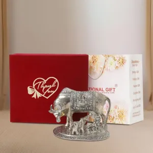 Silver Plated Kamdhenu Cow, Calf & Laddu Gopal Idol | Thank You Tag with Velvet Box Carry Bag | for Home, Mandir Ghar Decorative Statue Item