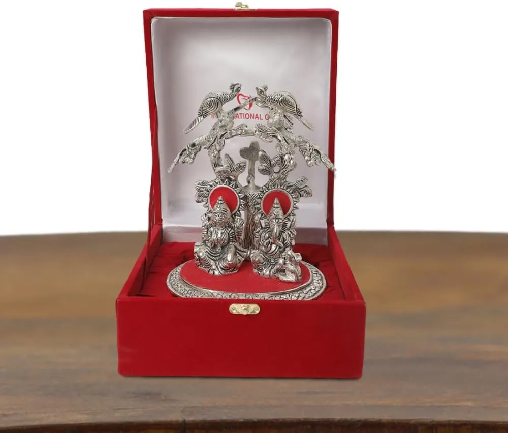 Silver Plated Laxmi Ganesh Idol Tree Statue with Velvet Box & Carry Bag | for Pooja, Mandir & Return Gift Showpiece