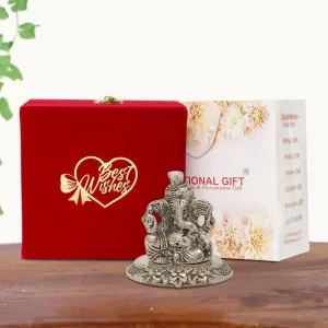 Silver Plated Pagdi Ganesh Idol | Best Wishes Tag with Velvet Box & Carry Bag | Vaastu Positive Items for Home, Pooja, Mandir Decor Statue