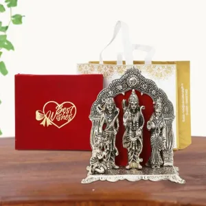 Silver Plated Ram Darbar Idol | Best Wishes Tag with Velvet Box & Carry Bag | Vaastu Positive Items for Home, Pooja, Mandir Decor Statue