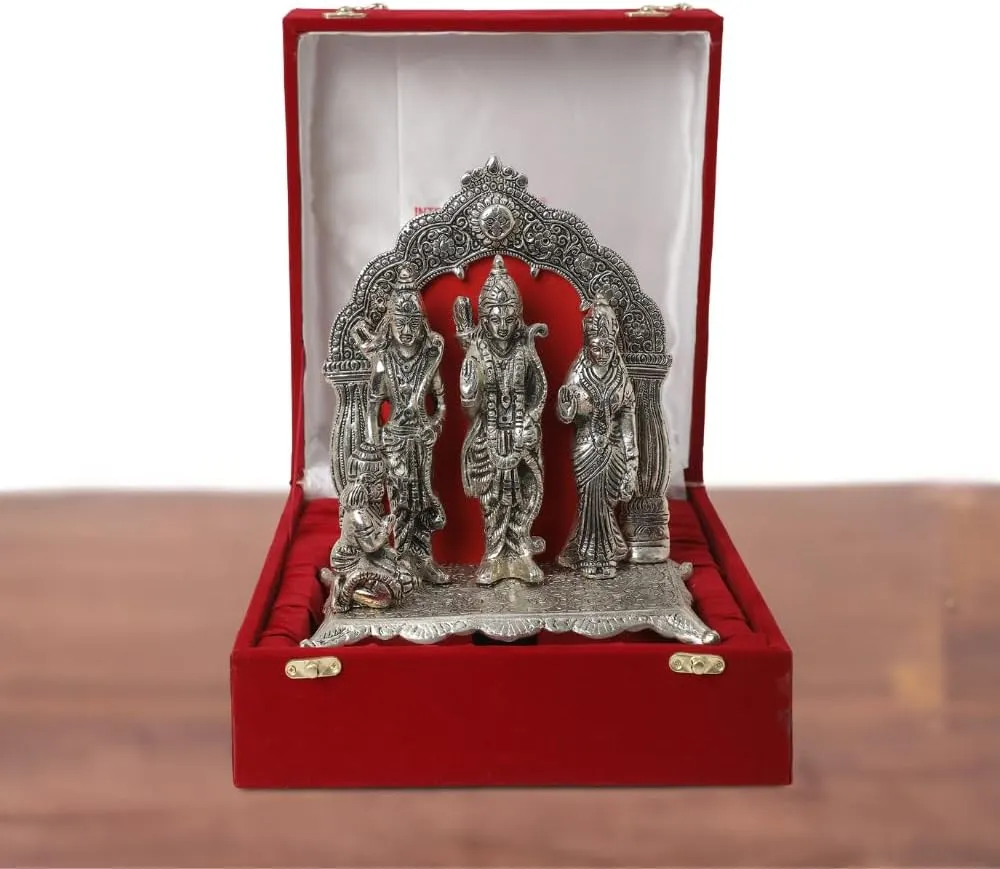 Silver Plated Ram Darbar Idol Statue with Velvet Box & Carry Bag | for Pooja, Mandir & Return Gift Showpiece