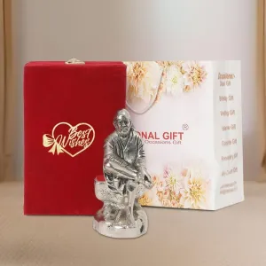 Silver Plated Sai Baba Idol | Best Wishes Tag with Velvet Box & Carry Bag | Vaastu Positive Items for Home, Pooja, Mandir Decor Statue