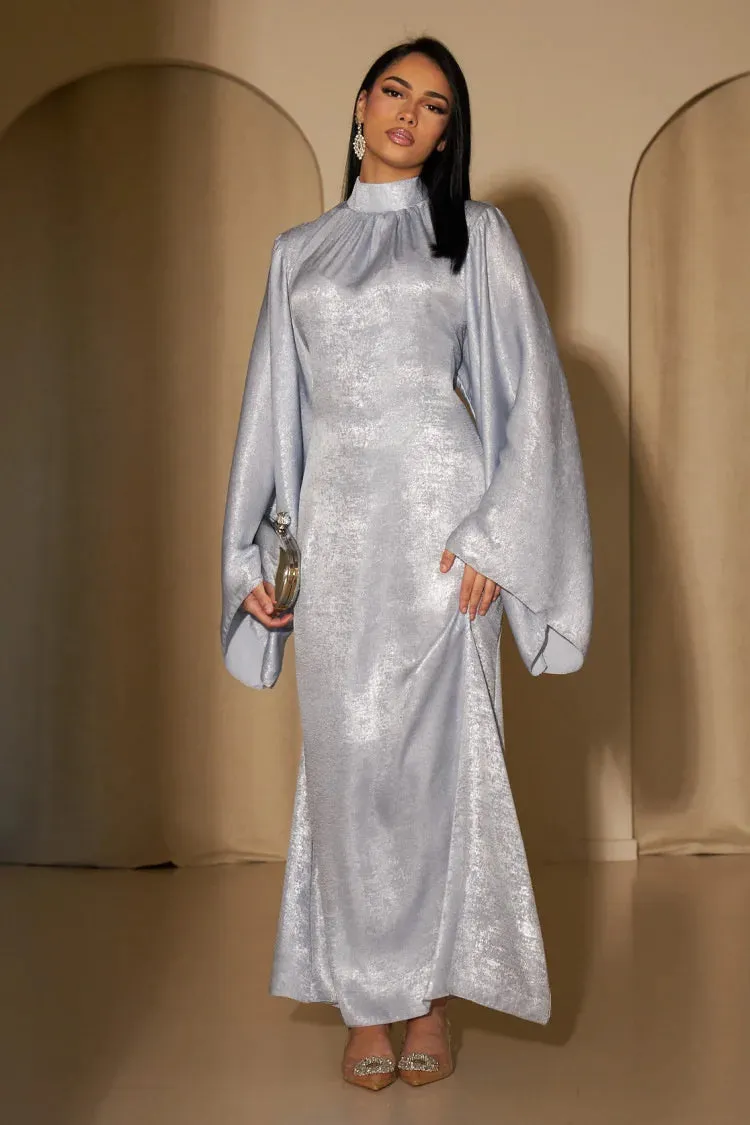 Silver Radiance High-Neck Evening Abaya