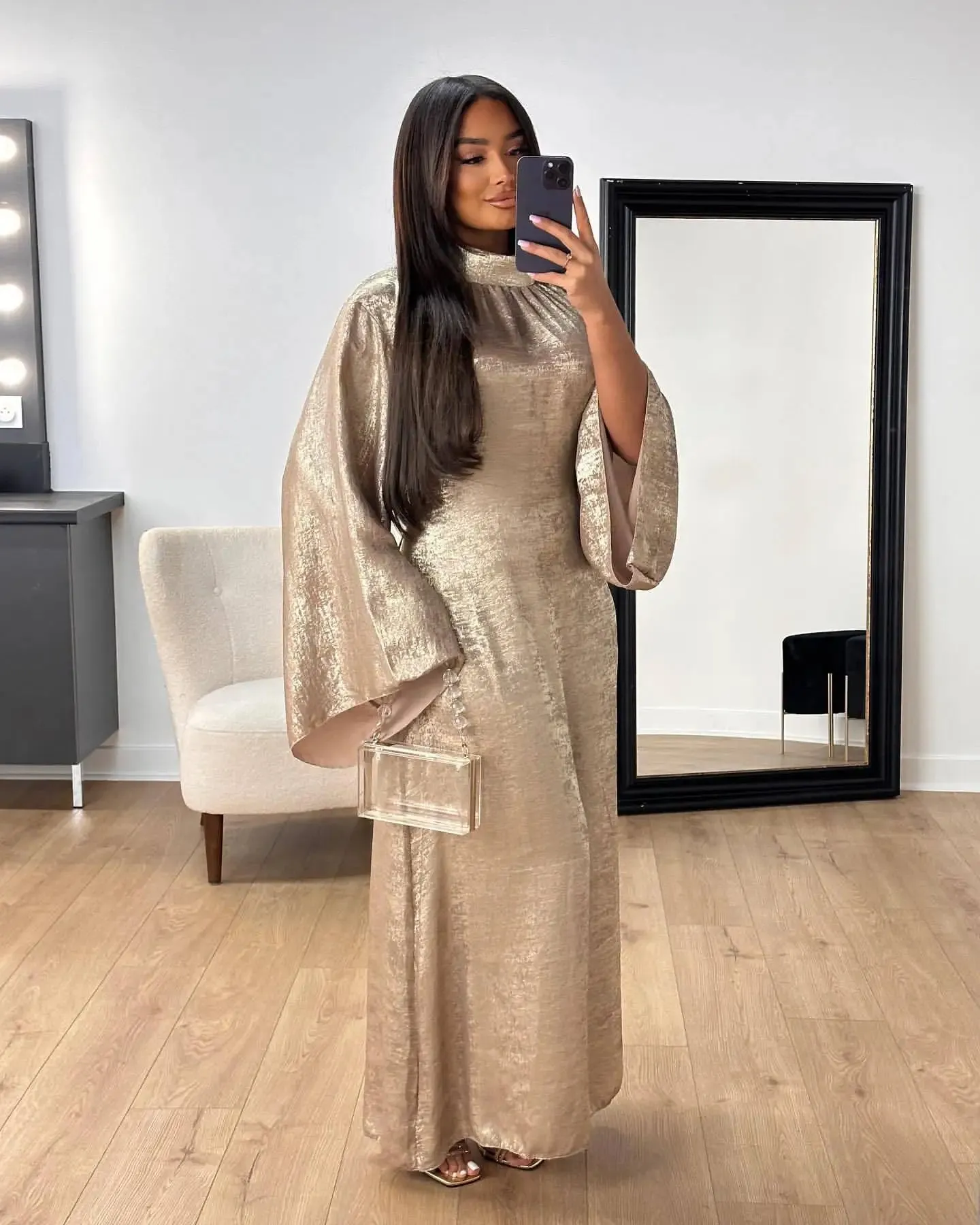 Silver Radiance High-Neck Evening Abaya