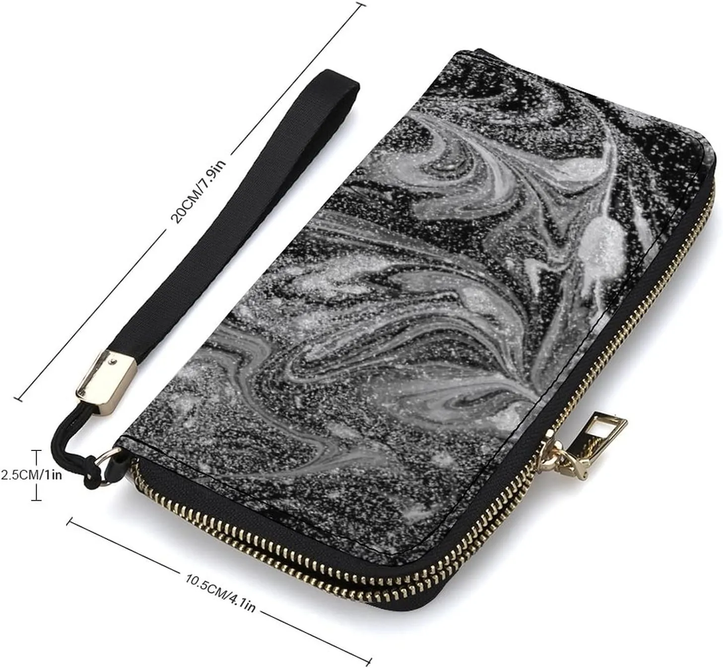 Silver White Black Swirls Marble Agate Shiny Silver Dark Starry Night Long Clutch Wallet, Long Handbag with Removable Wristlet Strap, PU Leather Zip Purse, Credit Pass Case Card-Holder for Men Women