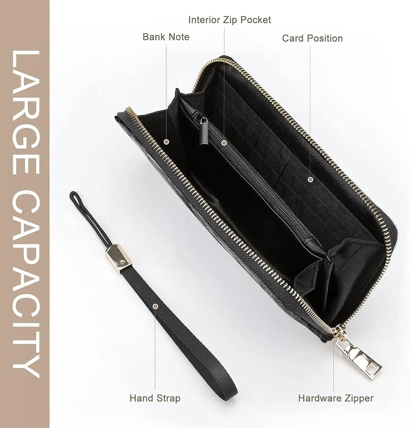 Silver White Black Swirls Marble Agate Shiny Silver Dark Starry Night Long Clutch Wallet, Long Handbag with Removable Wristlet Strap, PU Leather Zip Purse, Credit Pass Case Card-Holder for Men Women