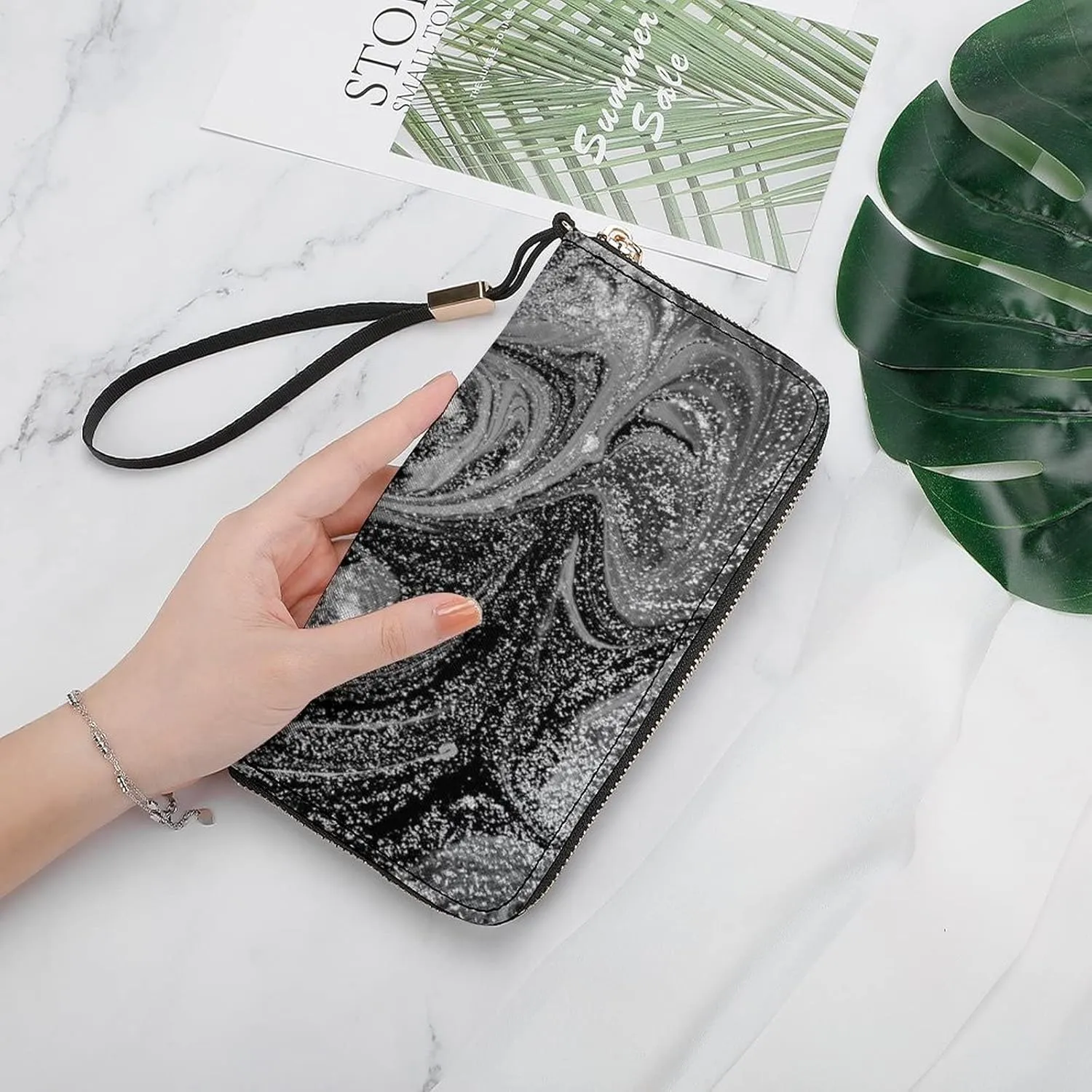 Silver White Black Swirls Marble Agate Shiny Silver Dark Starry Night Long Clutch Wallet, Long Handbag with Removable Wristlet Strap, PU Leather Zip Purse, Credit Pass Case Card-Holder for Men Women