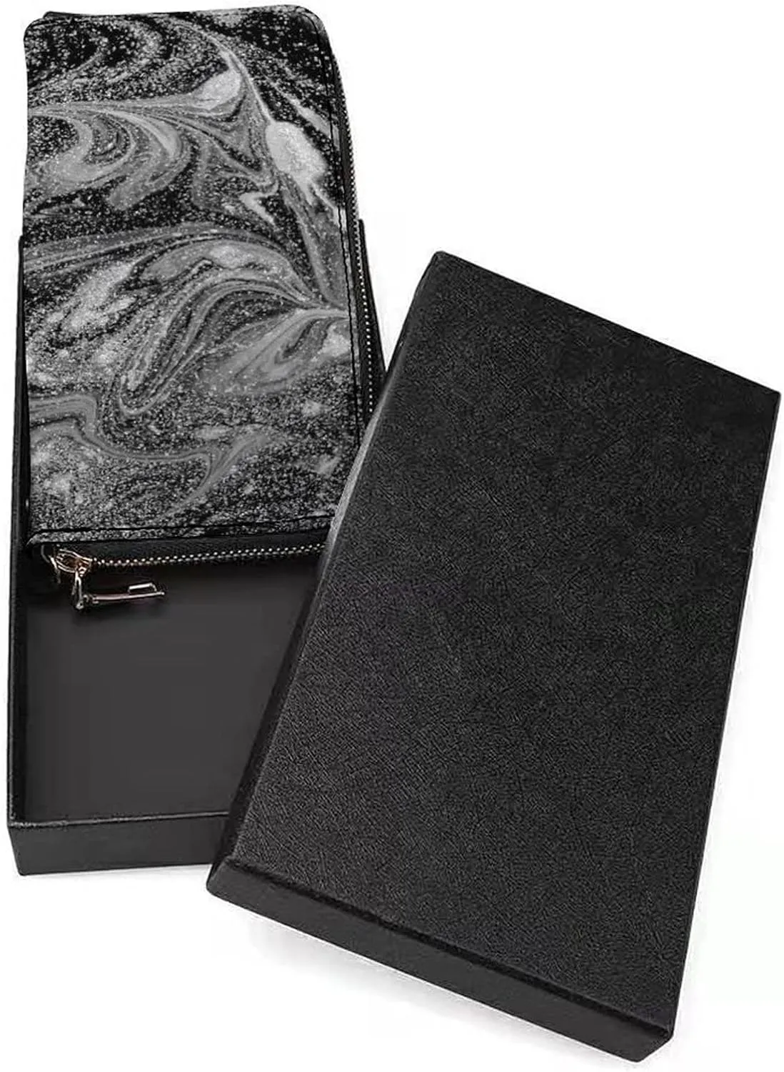 Silver White Black Swirls Marble Agate Shiny Silver Dark Starry Night Long Clutch Wallet, Long Handbag with Removable Wristlet Strap, PU Leather Zip Purse, Credit Pass Case Card-Holder for Men Women