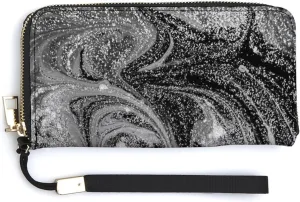 Silver White Black Swirls Marble Agate Shiny Silver Dark Starry Night Long Clutch Wallet, Long Handbag with Removable Wristlet Strap, PU Leather Zip Purse, Credit Pass Case Card-Holder for Men Women