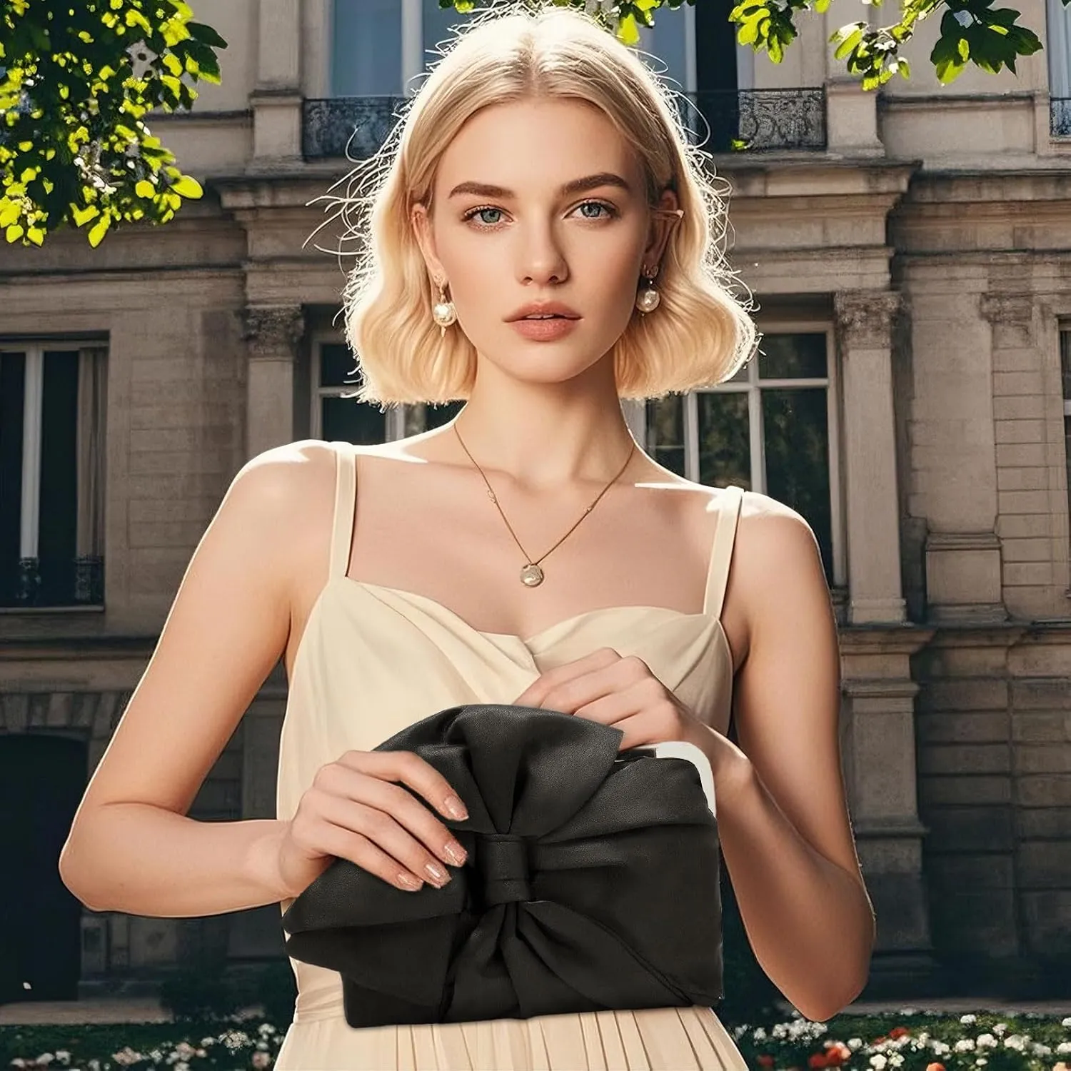 Simcat Womens Clutch Bag,Pleated Satin Handbag Lady Pleated Bow Purse Evening Bag with Chain for Wedding Prom Formal Party