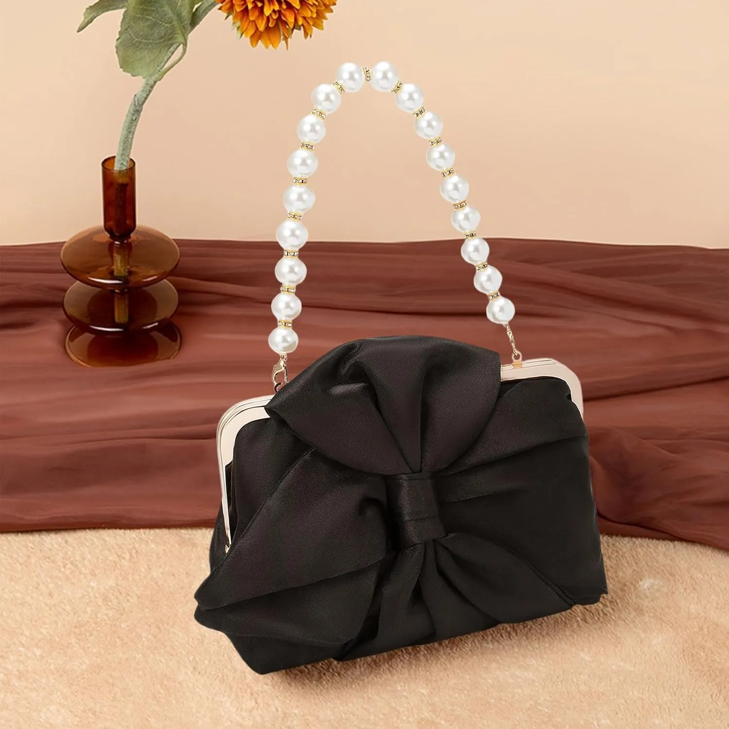 Simcat Womens Clutch Bag,Pleated Satin Handbag Lady Pleated Bow Purse Evening Bag with Chain for Wedding Prom Formal Party