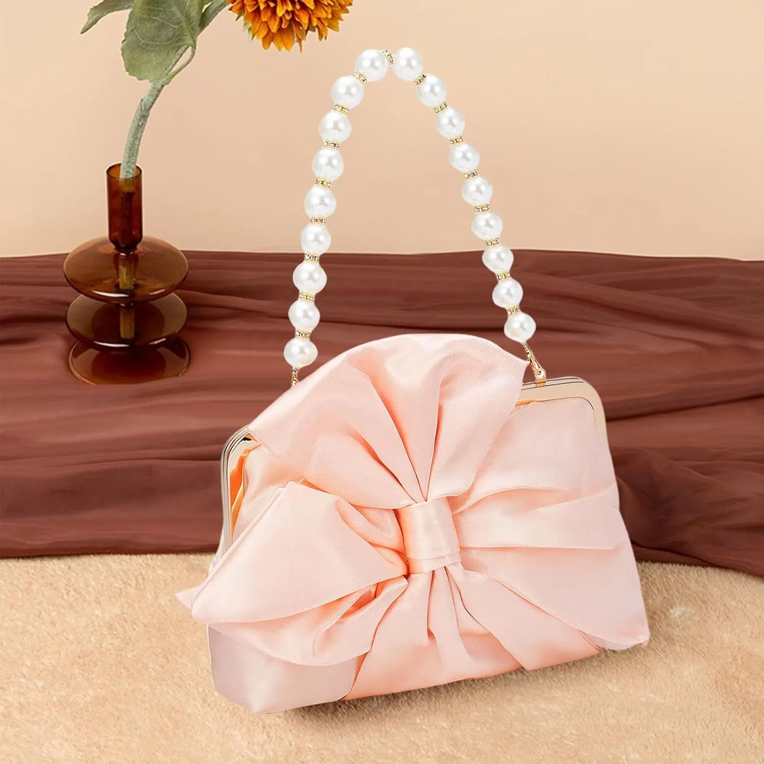 Simcat Womens Clutch Bag,Pleated Satin Handbag Lady Pleated Bow Purse Evening Bag with Chain for Wedding Prom Formal Party