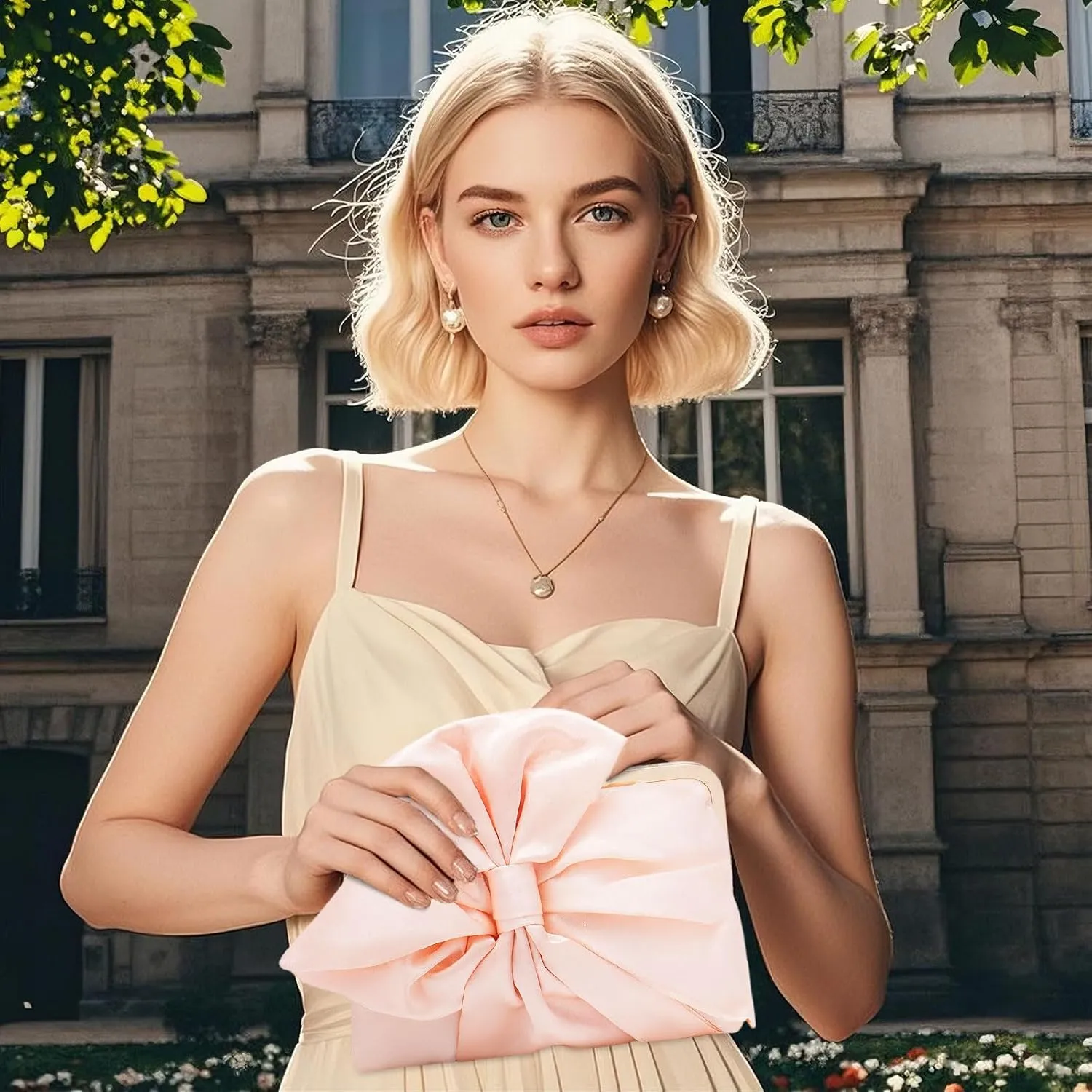 Simcat Womens Clutch Bag,Pleated Satin Handbag Lady Pleated Bow Purse Evening Bag with Chain for Wedding Prom Formal Party