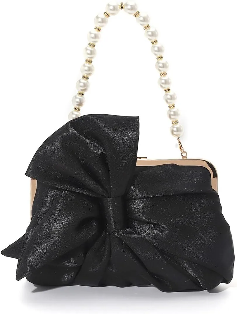 Simcat Womens Clutch Bag,Pleated Satin Handbag Lady Pleated Bow Purse Evening Bag with Chain for Wedding Prom Formal Party