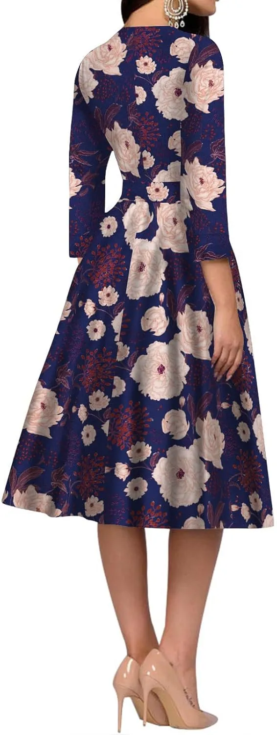 Simple Flavor Women's Floral Vintage Dress Elegant Midi Evening Dress 3/4 Sleeves
