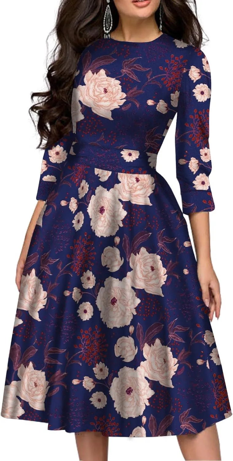Simple Flavor Women's Floral Vintage Dress Elegant Midi Evening Dress 3/4 Sleeves